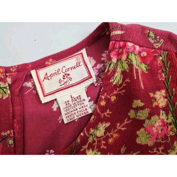 Vintage April Cornell ~Woman Size L~ Red Floral Corduroy Sleeveless Dress Pocket - Picture 7 of 9
